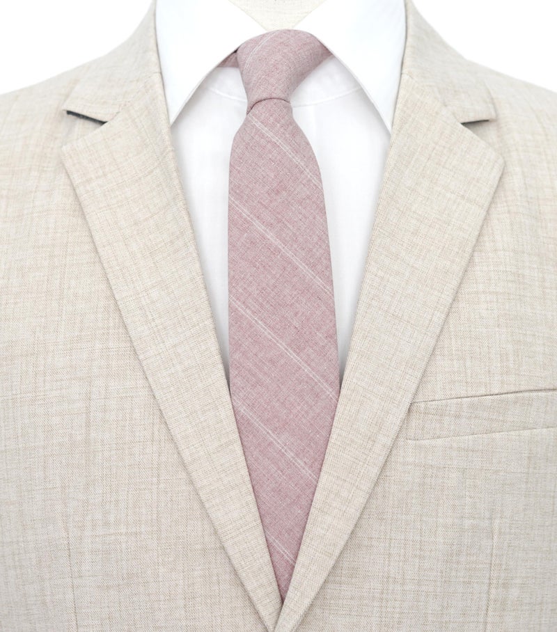 BELLUNO 2.5 inch Skinny Tie for Men, Cotton Linen Slim Neckties Beige Pink Striped - Image 2